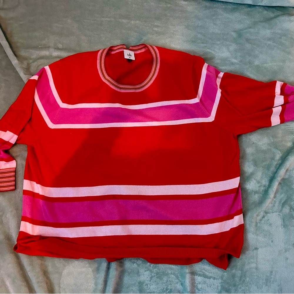 CAbi Red and Pink Striped Crew Neck Sweater